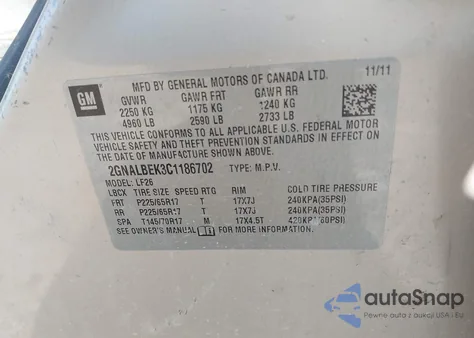 2012 Chevrolet Equinox Ls из США, поврежденный, VIN 2GNALBEK3C1186702